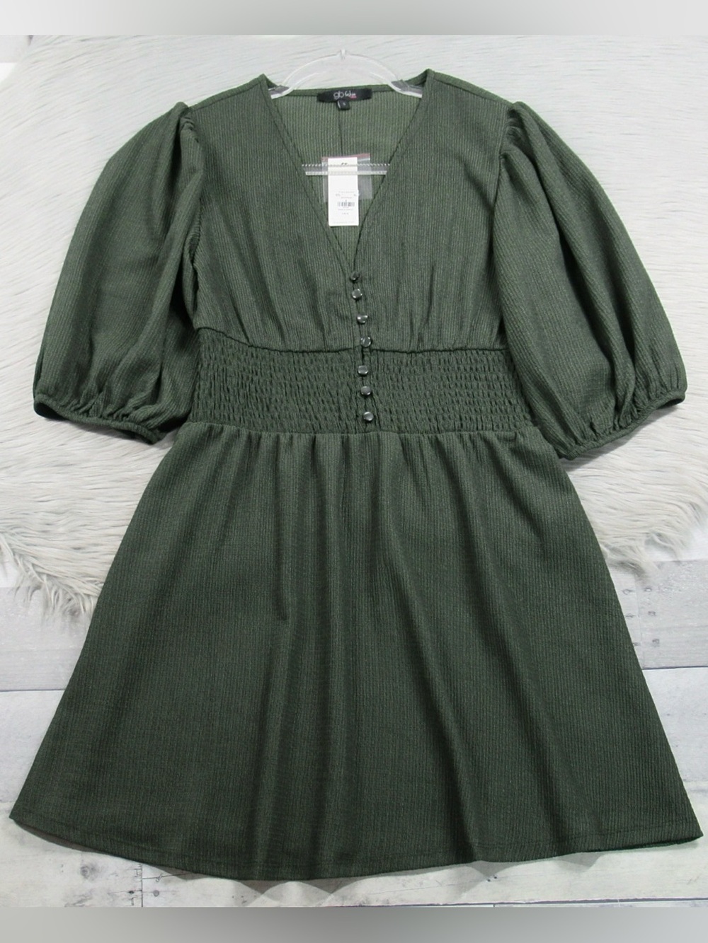 francesca's Glo Fashion London Olive Green V-Neck Smocked Mini Dress - Small